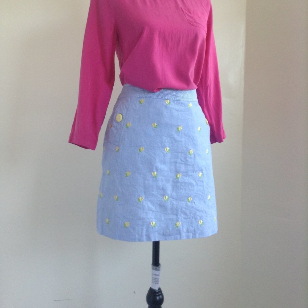 Lilly Pulitzer Blue Striped Embroidered Yellow Peaches Cotton Mini Skirt Size 4